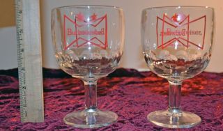 Set Of 2 Vintage Budweiser Footed Thumbprint Glass Goblets Red Bowtie Man Cave