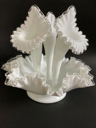 Vintage Fenton Milk Glass Silver Crest 3 Horn Epergne Bowl Vase Centerpiece