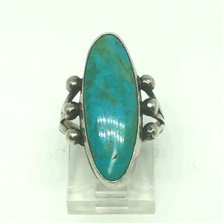 Vintage Southwestern Sterling Silver Rounded Marquise Turquoise Ring Size 6.  5
