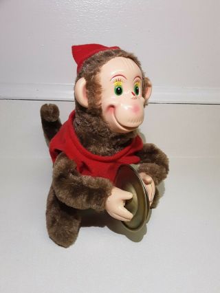 Vintage Battery Operated Monkey With Beanie Cap Playing Cymbals Great