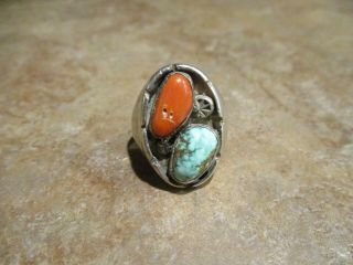 Extra Fine Vintage Navajo Sterling Silver Turquoise & Coral Ring Size 9.  75