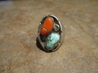 Extra Fine Vintage Navajo Sterling Silver Turquoise & Coral Ring Size 9.  75 2