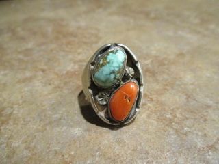 Extra Fine Vintage Navajo Sterling Silver Turquoise & Coral Ring Size 9.  75 3