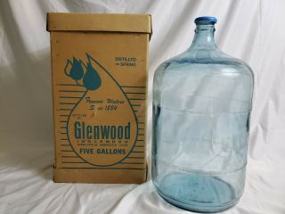 Vtg 5 Gallon Blue Glass Minnesota Glenwood Water Embossed Bottle Jug & Box.  B - 89