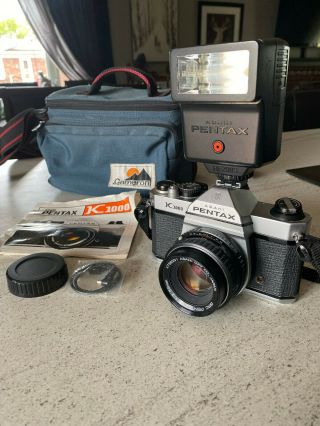 Vintage Asahi Pentax K1000 Camera.  50mm Lens,  Flash,  Case And Instuction Booklet