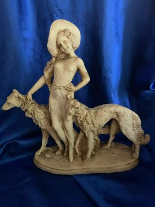 Vintage Santini Alabaster Woman With Borzoi Russian Wolf Hound Dogs