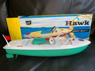 Vintage Sutcliffe Hawk Clockwork Tin Speed Boat With Box And Key