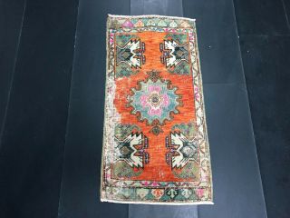 Orange Faded Turkish Handmade Rug,  Vintage Decorative Small Rug,  Entry Mat,  308