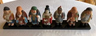 Vintage Japanese Seven 7 Lucky Gods Hakata Mimasu Clay Figures On Wood Base