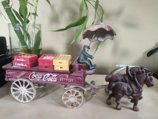 Vintage Antique Coca Cola Collectable Cast Iron Wagon Chariot Horse Toy