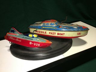 Vtg Tin Toy Wind Up Old Missile Fast Boat Well Old Toys X 2 Blue Bird Japan
