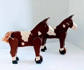 Vintage Wooden Handmade And Hand Painted Toy Horses On Wheels