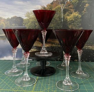Set Of 8 Vintage Indiana Glass Diamond Point Ruby Flashed Martini Glasses