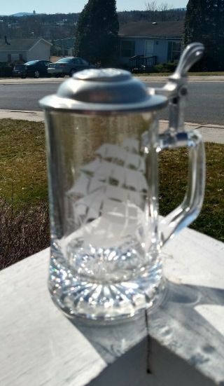 Vintage German Beer Stein Clear Glass Pewter Cui Ariel 1866 Lidded Mug.  Perfect