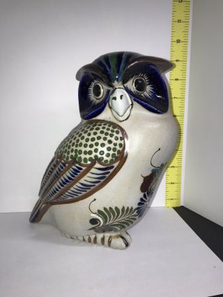 Vintage Tonala Mexican Pottery Hand Painted Owl Large Figurine