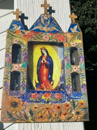 Virgen Maria Virgin Mary Mexican Metal Nicho W/ Milagros Hand Painted 13x8x1 B48