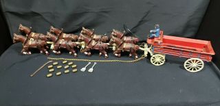 Cast Iron Budweiser Type Beer Wagon W/clydesdale Horses 12 Beer Kegs Driver