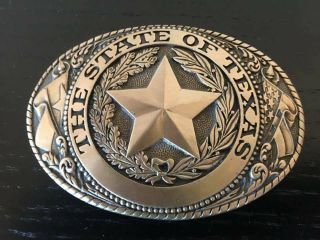 Vintage Tony Lama 1980s State Of Texas Solid Brass Belt Buckle