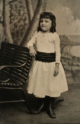 Antique American Young School Girl White Dress Lon Curls Tintype Photo