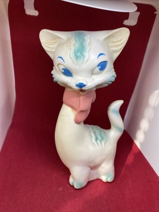 Vtg 1961 Edward Mobley Rubber Squeaky 8” Blue Striped Kitty Cat Toy Pink Bow