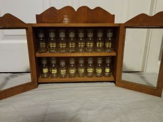 Vintage Wooden Spice Rack Cabinet And 16 Glass Jars Bottles Wall Hanging