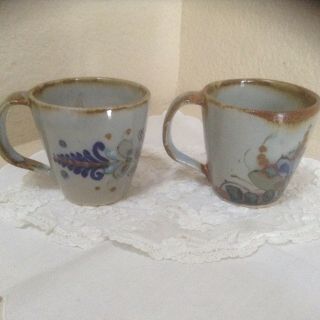 Set Of 2 Palomar Blue & Brown Coffee Cups Mugs Ken Edwards Tonala Bird & Floral