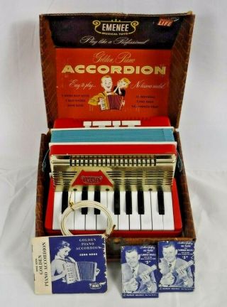 Vintage Emenee Musical Toys Golden Piano Accordion In Case W/ Songbook 405
