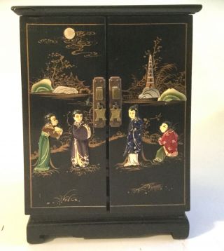 Vintage Asian Chinoiserie Black Lacquer Carved Maiden Inlayed Jewelry Cabinet Bo