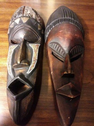 Vintage Hand - Carved Wooden African Masks Tribal Ghana Art - Set Of 2