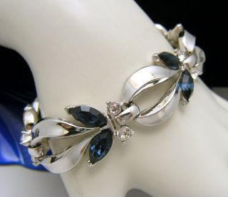 Vintage Crown Trifari Sapphire Blue Clear Rhinestone Bracelet Silver Tone