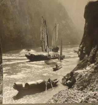 C1915 China Yangtze River Gorge Ships At Witches Mountain Stereo Photo