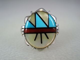 Vintage Zuni Sterling Silver & Multi - Stone Mosaic Inlay Ring Sz 6.  5 Signed Jj