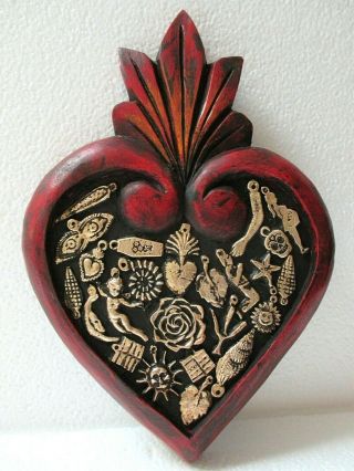 Mexican Folk Art Carved Wood Wall Heart Milagro Prayer Charm Ex Voto 9 "