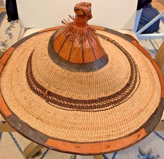 Fulani African Straw Leather Conical Hat Folk Art