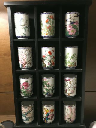 Franklin Porcelain 12months Tea Cups Flowers With Wooden Display Shelf Japan