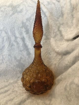 Vintage Hobnail Bubble Amber Genie Bottle Mid Century Squat Decanter 16 Inches