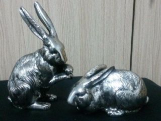 Vintage Japanese Chinese Metal Bunny Rabbit Statues Heavy Very Rare Set
