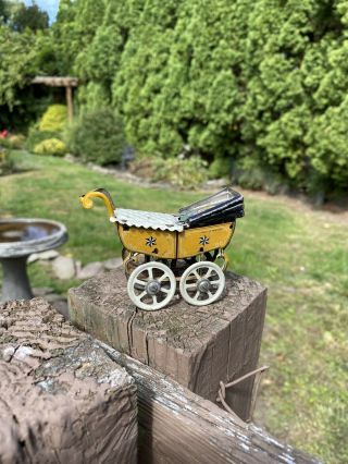 Antique German Fischer Meier Penny Toy Baby Pram Carriage Tin Litho Toy Vintage
