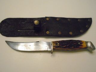 Vintage Case Stag Handle 9 " Hunting Knife With Leather Sheath