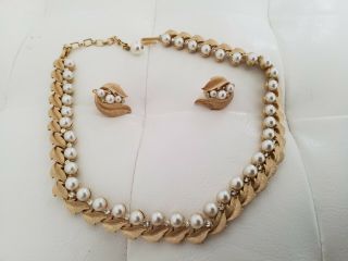 Vintage Signed Crown Trifari Gold Tone Faux Pearl Rhinestone Necklace & Earrings