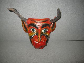 Guerrero Mexican Folk Art Carved Wood Mask Devil Diablo Real Goat Horns?