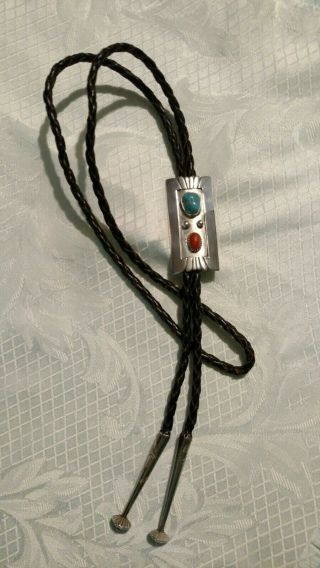 Vintage Navajo Sterling Silver With Turquoise&coral - Signed Bolo Tie - Handcrafted