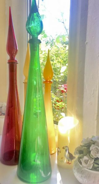 Huge Emerald Green Decanter Mcm Italian Empoli Genie Bottle Glass 1960’s Vintage
