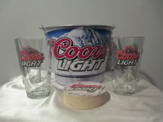 Coors Light Beer Bucket With 4 Glasses And 15 Coasters
