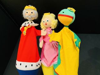 3 Cone Pop Up Wooden Stick Hand Puppets - King,  Princess,  Frog Prince Very Fun