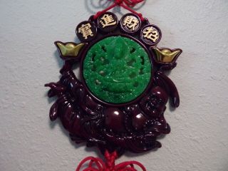 Asian Oriental China Jade & Wood Good Luck Wall Hanging With Buddha