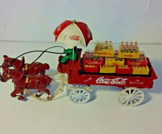 Vintage Coca Cola Cast Iron Horse Wagon With Umbrella & Cases Of Bottles Rare