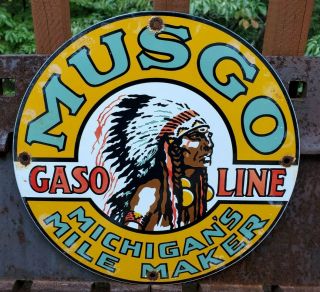 Vintage Old Musgo Gasoline Porcelain Gas Station Motor Oil Michigan Mile Sign