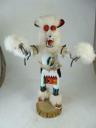 Vintage Wood Kachina Native American Hopi Indian Wolf Doll Fur 15 " Tall Signed