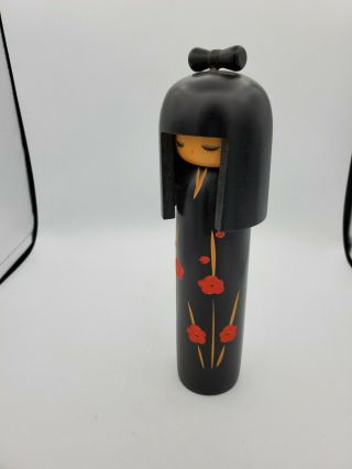 Vintage Kokeshi Doll Japanese Wood Hand Carved Painted Black Red Flowers 9  T